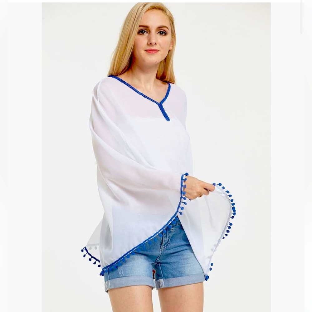 NWOT White and Blue Short Beach Cover-Up Dress with Tassels and Pom Poms, White